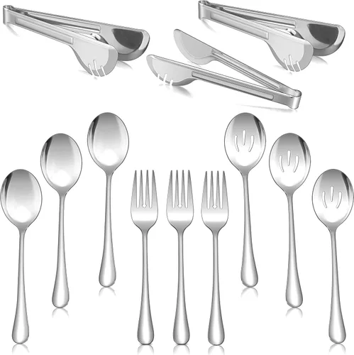 Vista 8 de Herogo Juego de 6 utensilios de acero inoxidable para servir, incluye cucharas, cucharas ranuradas, tenedores, juego de anfitriona de metal