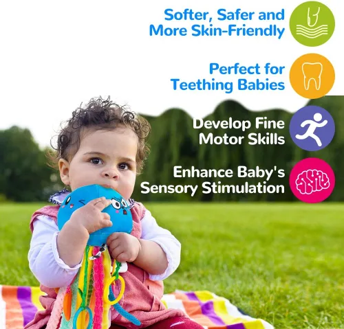 Vista 5 de teytoy Juguete sensorial, juguetes de textura para bebés con sonajero, juguetes sensoriales para autismo, forma de medusa, juguetes sensoriales