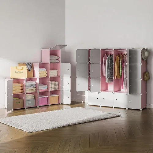 Vista 5 de Organizador de armario, almacenamiento de 16 cubos con puertas, sistema de almacenamiento portátil de armario, estante organizador de ropa