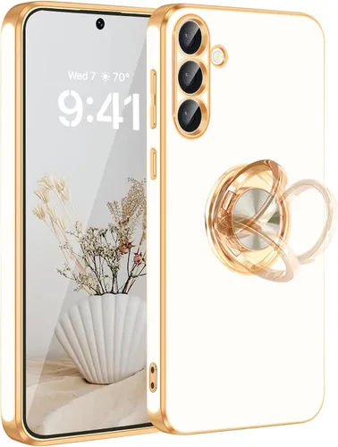 Vista 8 de Fingic Compatible con Samsung Galaxy S22 Funda con Soporte de Anillo, [Soporte de Anillo Giratorio 360° Magnético con Kickstand][Borde Dorado