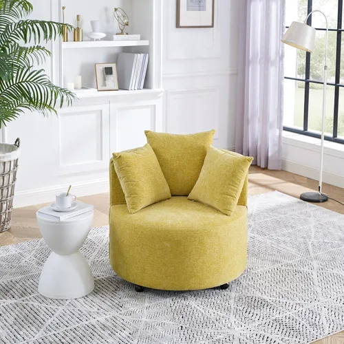 Vista 2 de Moderna silla giratoria tapizada de chenilla, silla giratoria redonda de gran tamaño con 3 almohadas, 4 ruedas para sala de estar, color amarillo