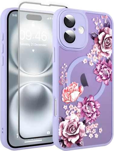 Vista 156 de Funda magnética para iPhone 13 con protector de pantalla [compatible con MagSafe], diseño de patrón floral de flores, a prueba de golpes