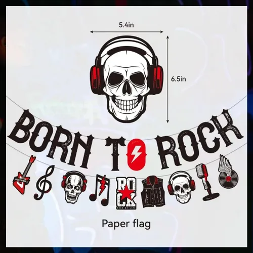 Vista 8 de LARRAZABAL Las decoraciones de fiesta de rock and roll incluyen pancarta con purpurina Born to Rock, remolinos colgantes de rock and roll y centros