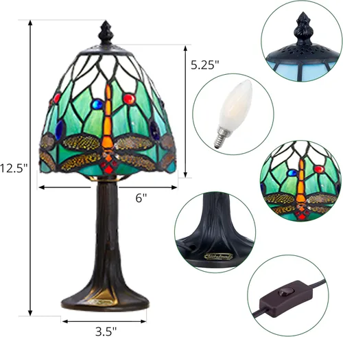 Vista 2 de Lámpara de mesa con diseño de libélula, pequeña lámpara de mesa estilo Tiffany Rsbrillialite Small Tiffany Lamp, Dragonfly Stained Glass Table
