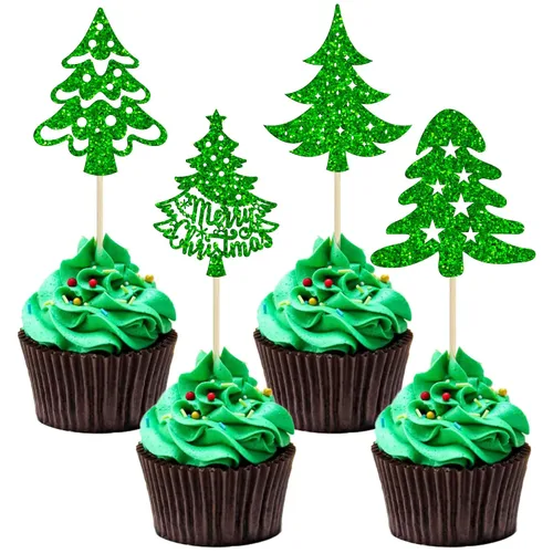 Vista 15 de Gyufise 24 piezas Adornos de pastel para revelación de género de Navidad con purpurina, sombrero navideño de Navidad, adorno de pastel de él o ella