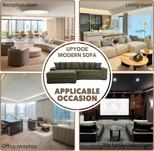 Vista 6 de Sofá modular de pana de 111 pulgadas, tamaño completo, color verde Convertible Sleeper Sofa Bed for Living Room, Hotel, Left L-Shaped Couch with