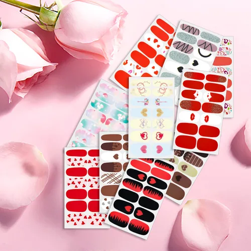 Vista 3 de 20 hojas de calcomanías de esmalte de uñas de color sólido rojo, calcomanías de esmalte de uñas para el día de San Valentín para mujeres, tiras