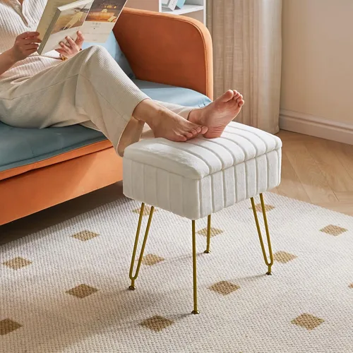 Vista 5 de IBUYKE Silla Taburete con Espacio de Almacenamiento, Reposapiés Taburete Otomano, Mesa Auxiliar Pequeña, con 4 Patas de Metal, con Pies Blanco