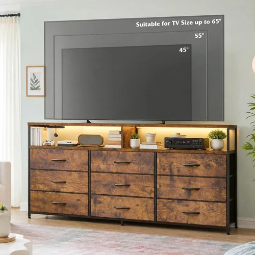 Vista 6 de Cómoda para dormitorio con 9 cajones, soporte de TV LED con tomas de Marrón