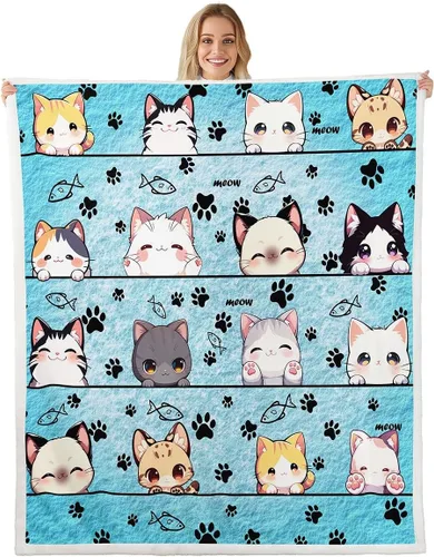 Vista 23 de Manta de franela de animales de dibujos animados para todas las estaciones, manta de cama azul con estampado de amor Kawaii para decoración
