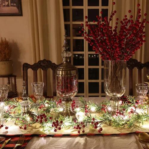 Vista 6 de Guirnalda de Navidad con luces que funciona con pilas, guirnalda de Navidad iluminada con 20 luces LED de bayas rojas de 5.6 pies, decoraciones