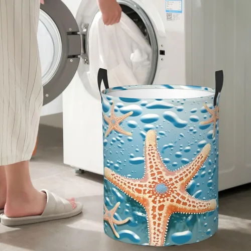 Vista 7 de Beautiful starfish print Circular Hamper Waterproof Storage Bin Organizer Basket Laundry Hamper With Handles For Clothes Toys Small