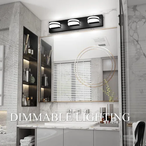 Vista 5 de Aipsun Lámpara de tocador negra moderna regulable, luz LED acrílica, 3 luces de pared de baño (luz blanca, 6000 K)