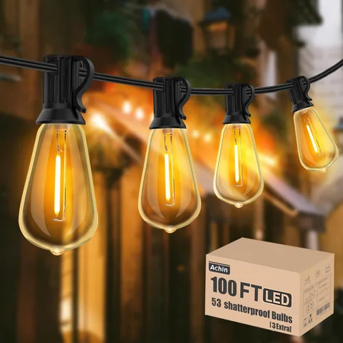 Vista 13 de Achin 50FT Solar String Lights Outdoor with 32 LED Bulbs 1.5FT Bulbs Spacing,Patio String Lights Whith Remote, IP65 Waterproof, 3600mAm Battery