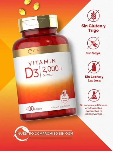 Vista 4 de Carlyle Vitamina D3 2000IU cápsulas blandas 400 unidades 50 mcg Fórmula sin OMG, sin gluten Suplemento de vitamina D
