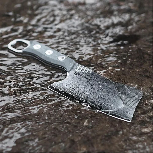 Vista 6 de Cuchillo de carnicero, cuchillo de chef de 6 pulgadas con funda, cuchillo de carnicero de espiga completa con mango verde G10, acero de damasco