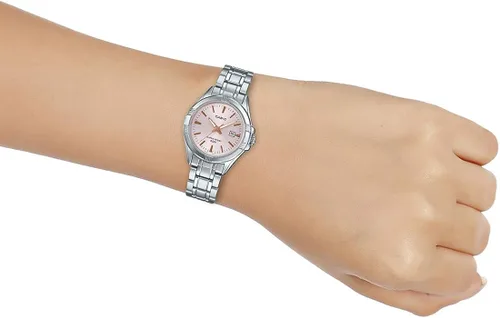 Vista 5 de Casio LTP1308D-4AV Reloj analógico de acero inoxidable para mujer esfera rosa con fecha