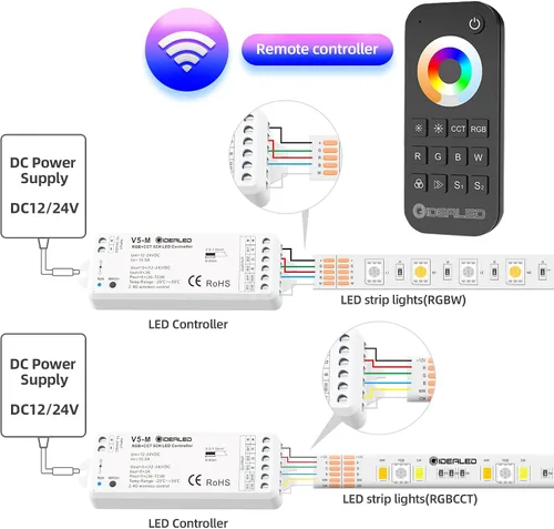 Vista 6 de GIDEALED Controlador LED RGBCCT inalámbrico de 5 canales 2.4G con control remoto RF, atenuación 5 en 1 RGBWW LED Strip Controller para RGBW RGBWW