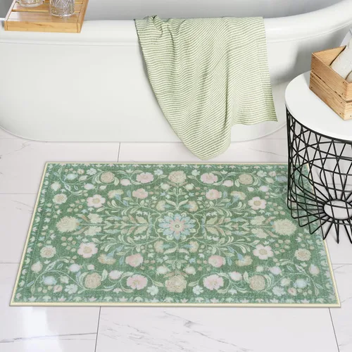 Vista 10 de Uphome Alfombra de baño bohemia con diseño floral beige, ultra suave, antideslizante, vintage, lavable a máquina, alfombra de baño floral para baño