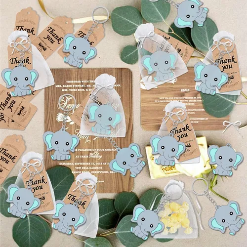 Vista 5 de CiciBear Paquete de 72 recuerdos de fiesta de elefante con llaveros de elefante azul bebé, etiquetas de agradecimiento y bolsas de regalo