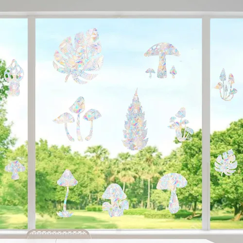 Vista 4 de STICKERGURU - 16 calcomanías de ventana de hongos y hojas, calcomanías anticolisión para salvar a los pájaros de colisiones de ventanas, vinilo