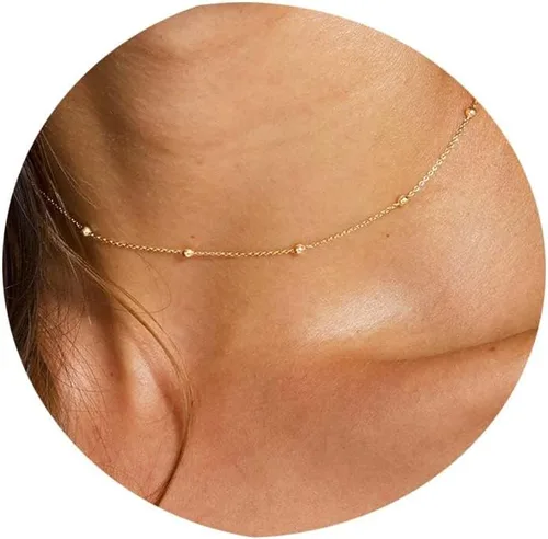 Vista 18 de Tewiky - Collar de Cadena de Oro para Mujer, Chapado en Oro de 14 Quilates, Collar de Cuentas Finas con Forma de Ola, Collar Delicado de Oro Capa