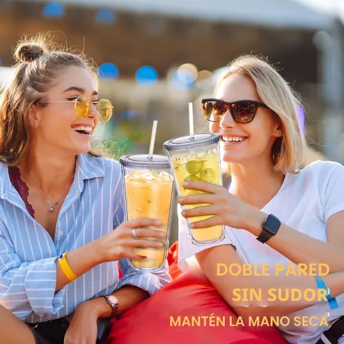 Vista 5 de Zukro Vaso acrílico transparente con pajita y tapa de 32 oz, vaso de plástico reutilizable aislado de doble pared para café helado, vaso para llevar
