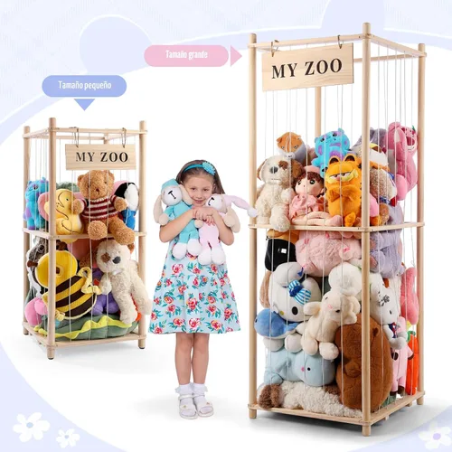 Vista 7 de GLDZI Almacenamiento de Animales de Peluche Zoo, Organizador de Animales de Peluche de Madera con Cuerdas Elásticas para Niños y Niñas, Soporte