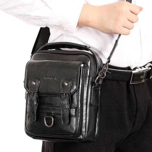 Vista 2 de Hebetag Bolso bandolera de cuero pequeño para hombre, para viajes al aire libre, negocios