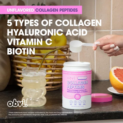 Vista 2 de Obvi Péptidos de colágeno múltiple, ácido hialurónico y vitamina C en polvo, colágeno bovino hidrolizado para cabello, piel, uñas y articulaciones
