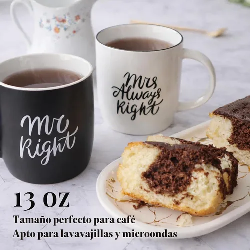 Vista 3 de Triple Gifffted Tazas de café Mr Right Mrs Always Right Ideas de regalo para parejas, aniversario de boda, compromiso, Navidad, para él y ella