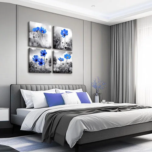 Vista 9 de Arte de pared para dormitorio, flor azul cian en blanco y negro, decoración de pared para decoración del hogar, pintura de arte de 12 x 12 pulgadas