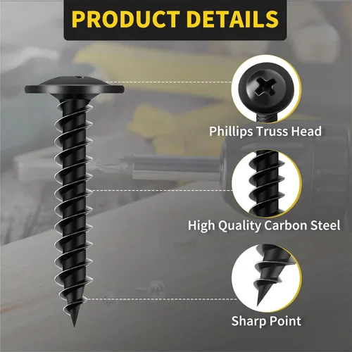 Vista 2 de Tornillos para Madera de 1 Pulgada, 110 PCS FIXLINK Premium Tornillos para Madera Negros con Cabeza Truss Phillips, Autorroscantes de Electroforesis