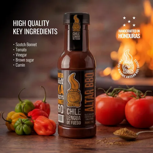 Vista 4 de Chile Lengua de Fuego Altar BBQ – Salsa picante BBQ con gorro escocés y lima, dulce ahumado picante, botella de 5 onzas (paquete de 1)