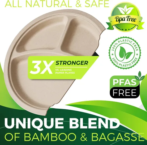 Vista 3 de 150 platos de papel marrón 100% compostables de 10 pulgadas, platos desechables resistentes de 3 compartimentos, platos seccionales ecológicos