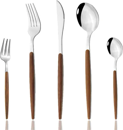 Vista 9 de JASHII Juego de cubiertos de madera de acero inoxidable de 20 piezas, mango de madera, cuchillo tenedor, cuchara, utensilios de cocina para 4