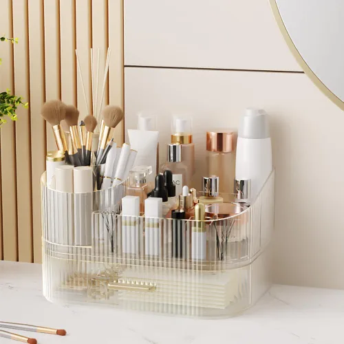 Vista 3 de Organizador de maquillaje giratorio de 360° con cajón, exhibición de almacenamiento de cosméticos de acrílico transparente, contador de belleza
