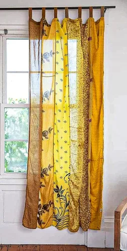 Vista 5 de EthinicCraftHub® - Cortina india de seda Sari con diseño de retazos estilo gitano bohemio hippy bohemio para colgar en la pared