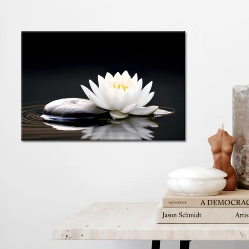 Vista 2 de GLOKAKA Arte de pared de flor de loto blanco zen, loto blanco y negro en piedra de spa y agua, lienzo impreso para yoga, meditación, sala de baño