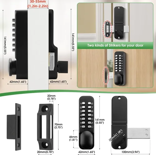 Vista 2 de Cerradura de perilla de puerta de entrada con teclado mecánico sin llave con perno, combinación de código de acceso de un solo lado, cerradura