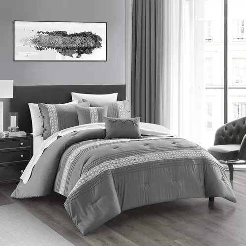 Vista 2 de Chic Home Brice - Juego de edredón de 4 piezas con diseño bordado plisado, funda de almohada decorativa incluida, individual, gris