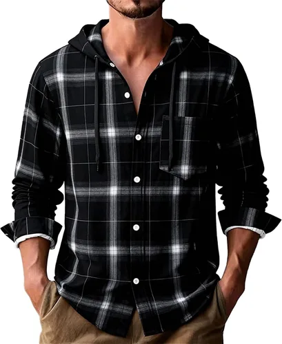 Vista 5 de Camisa a cuadros con botones para hombre, ligera, casual, de manga larga, ajuste holgado, UPF 50+, con capucha y protección solar