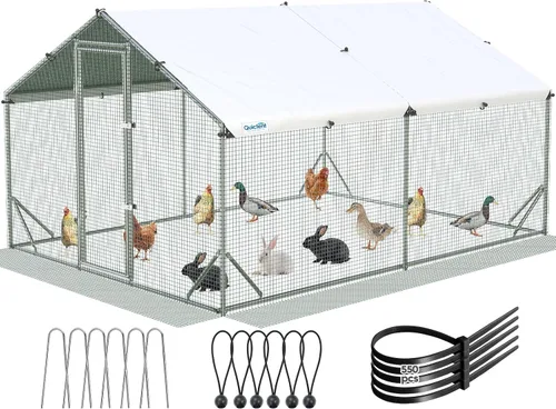 Vista 10 de Quictent - Gallinero de metal grande para más de 30 aves de corral con paño plateado