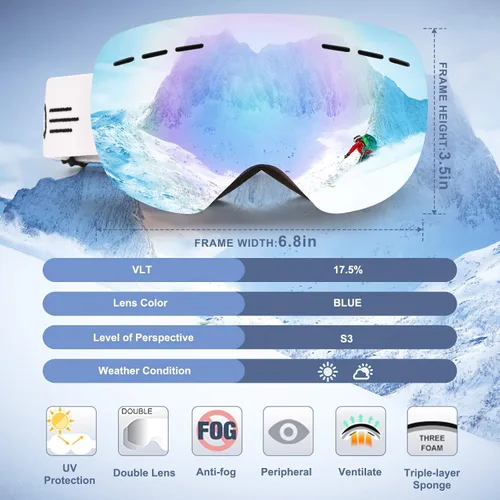 Vista 2 de FONHCOO Gafas de esquí para hombres y mujeres, antivaho OTG gafas de snowboard con lente desmontable para esquí, patinaje, protección UV