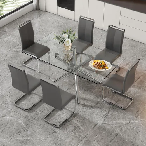 Vista 37 de Juego de 6 mesas de comedor de cristal, moderno juego de mesa de comedor de vidrio templado rectangular transparente de 71 pulgadas y 6 sillas