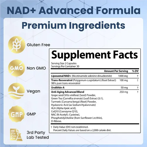Vista 8 de StrongVit Suplemento NAD con Resveratrol y Urolithin-A, Complejo Anti-Edad para Mujeres y Hombres. NAD Liposomal Plus, 1000mg de Potenciador NAD+