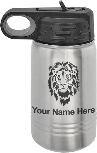 Vista 41 de LaserGram Botella de agua personalizada, cabeza de león, acero inoxidable de doble pared aislada al vacío con popote superior, regalo grabado
