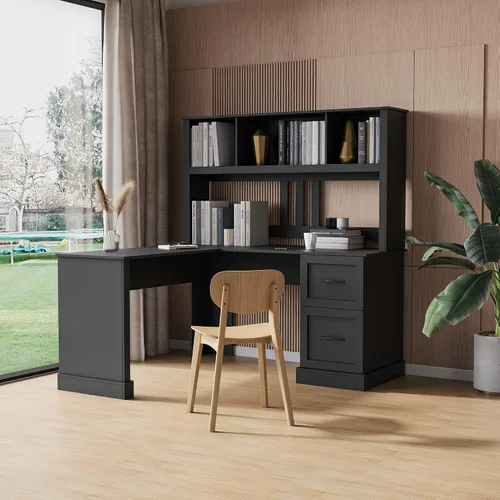 Vista 10 de Holaki Escritorio en forma de L, escritorio de computadora con cajones, estantería y gabinete, escritorio esquinero moderno, oficina en casa, mesa
