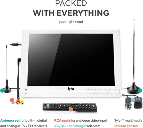 Vista 5 de Tyler Monitor LCD portátil de TV de 13.3 pulgadas, funciona con batería de litio recargable de 1080P, 3 antenas, HDMI, SD, USB, RCA, radio FM