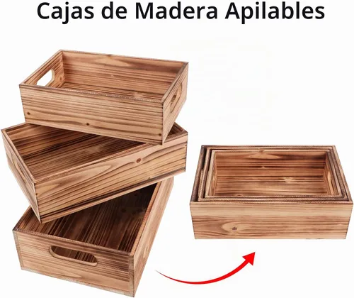 Vista 4 de Cajas de madera para exhibición,Caja decorativa rústica,Cestas rectangulares Contenedor Caja de almacenamiento,Caja nido apilable,Papelera